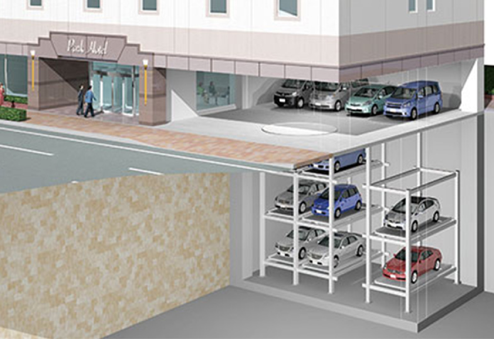 地下循環式機械式立体駐車場の様子