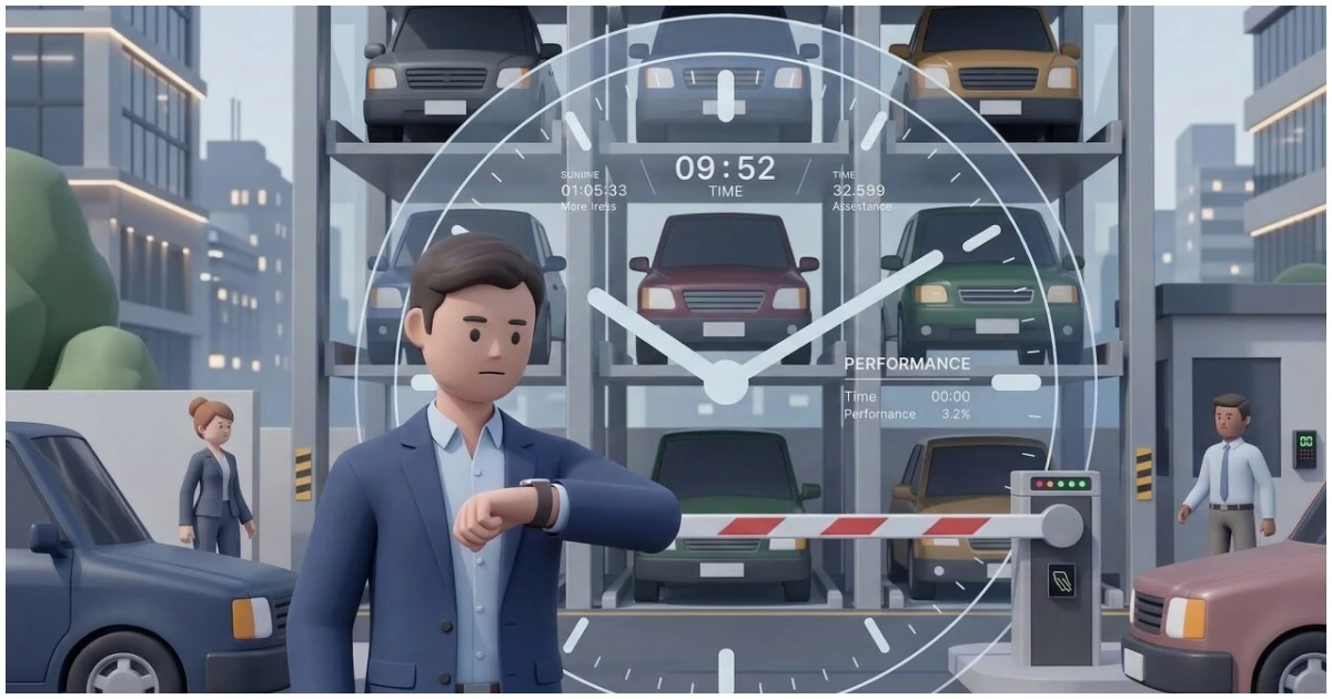 機械式駐車場の朝の通勤ラッシュ時の待ち時間イメージ画像