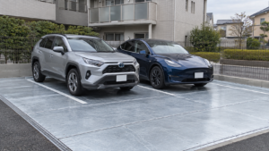 鋼製平面化した駐車場にSUVとEVが並ぶイメージ